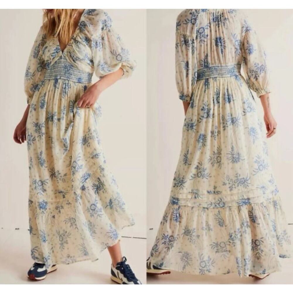 FREE PEOPLE Golden Hour Maxi Dress Ivory Blue Boho  Size LARGE Cottagecore Fairy